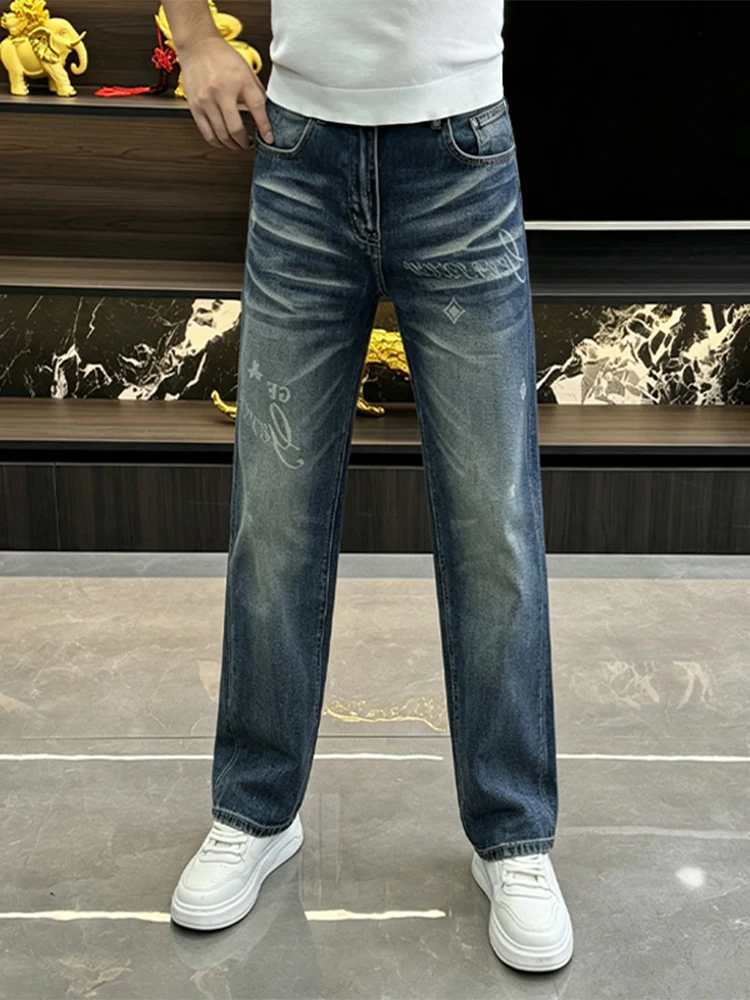 Trendy Printed Casual Loose Men's Jeans Straight Leg Pants Fashionable Youthful Polyester Cotton Blend Autumn Wear