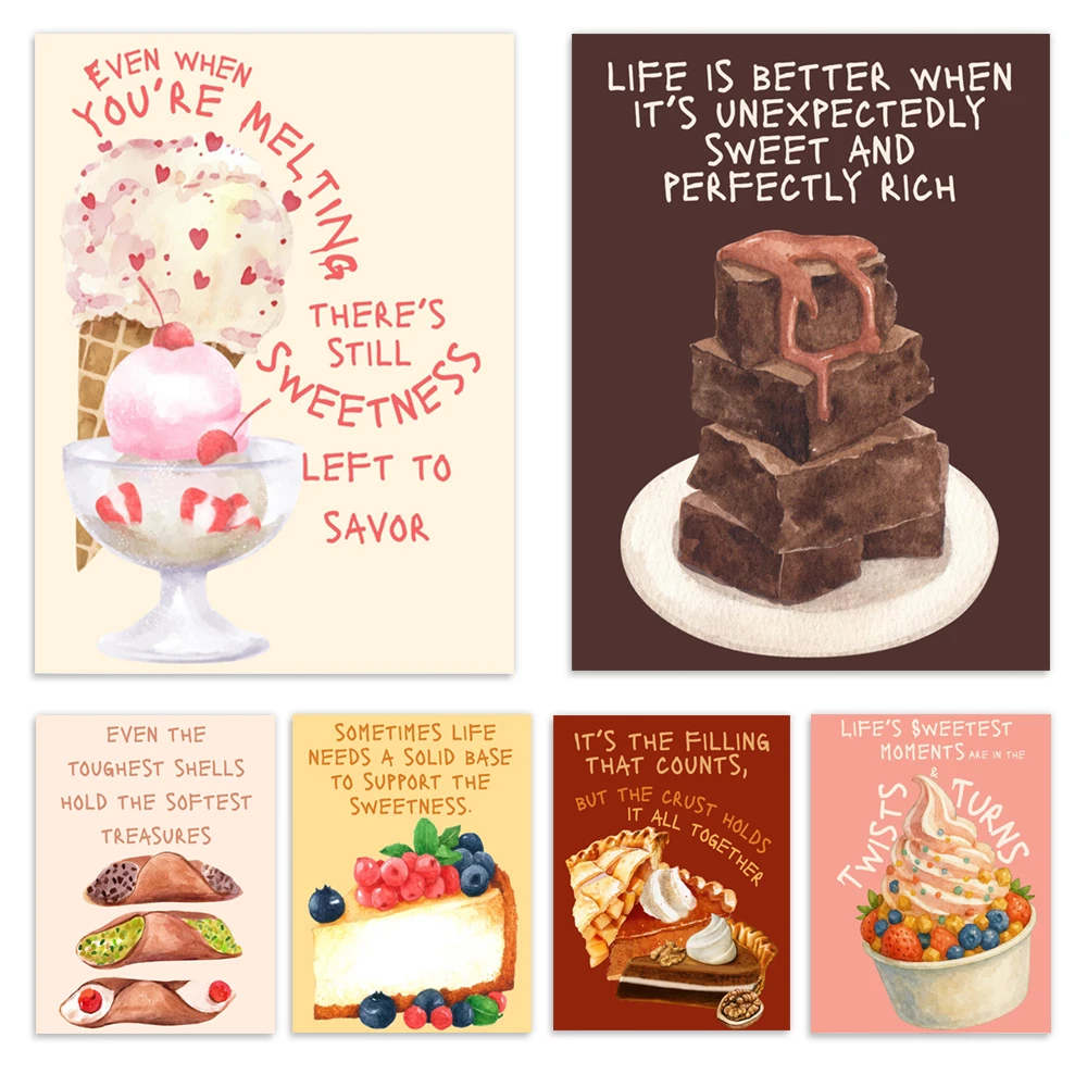 Yogur helado, malvavisco, matcha, pastel, melocotón, mochi, pastel de postre, cartel decorativo imprimible dulce e inspirador