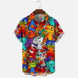 Fashion Colorful Print Lovely Cat Shirt For Men's Clothes Lapel Button Shirts Harajuku Funny Street Leisure Animal Man Tee Top