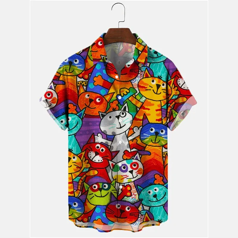 Fashion Colorful Print Lovely Cat Shirt For Men's Clothes Lapel Button Shirts Harajuku Funny Street Leisure Animal Man Tee Top