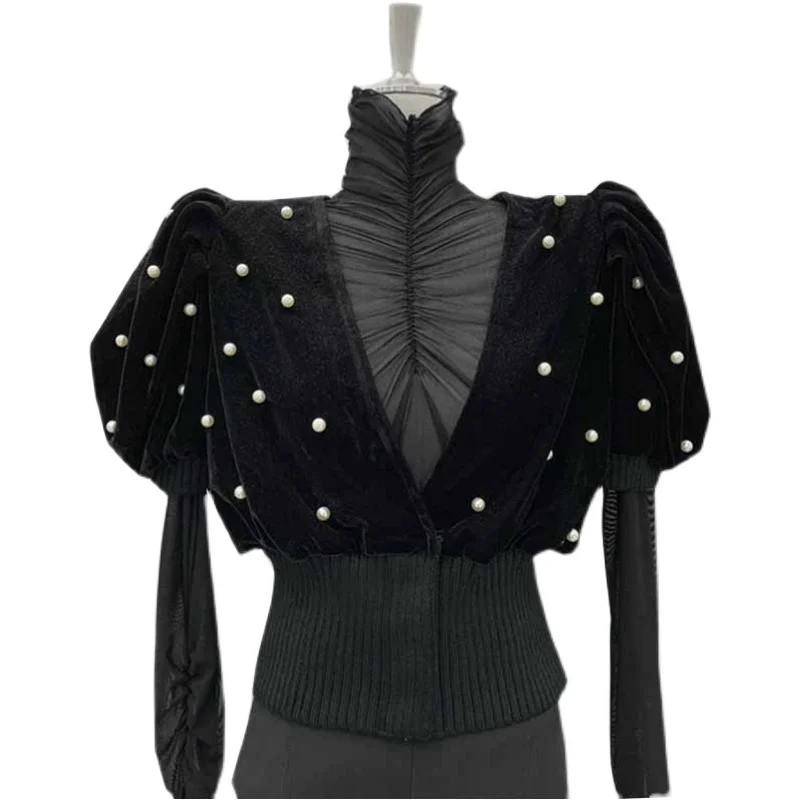 

BLack Velvet Pearl Beaded Shirt Women High Collar Long Sleeve Slim Fake Two Piece Short Design Top q34