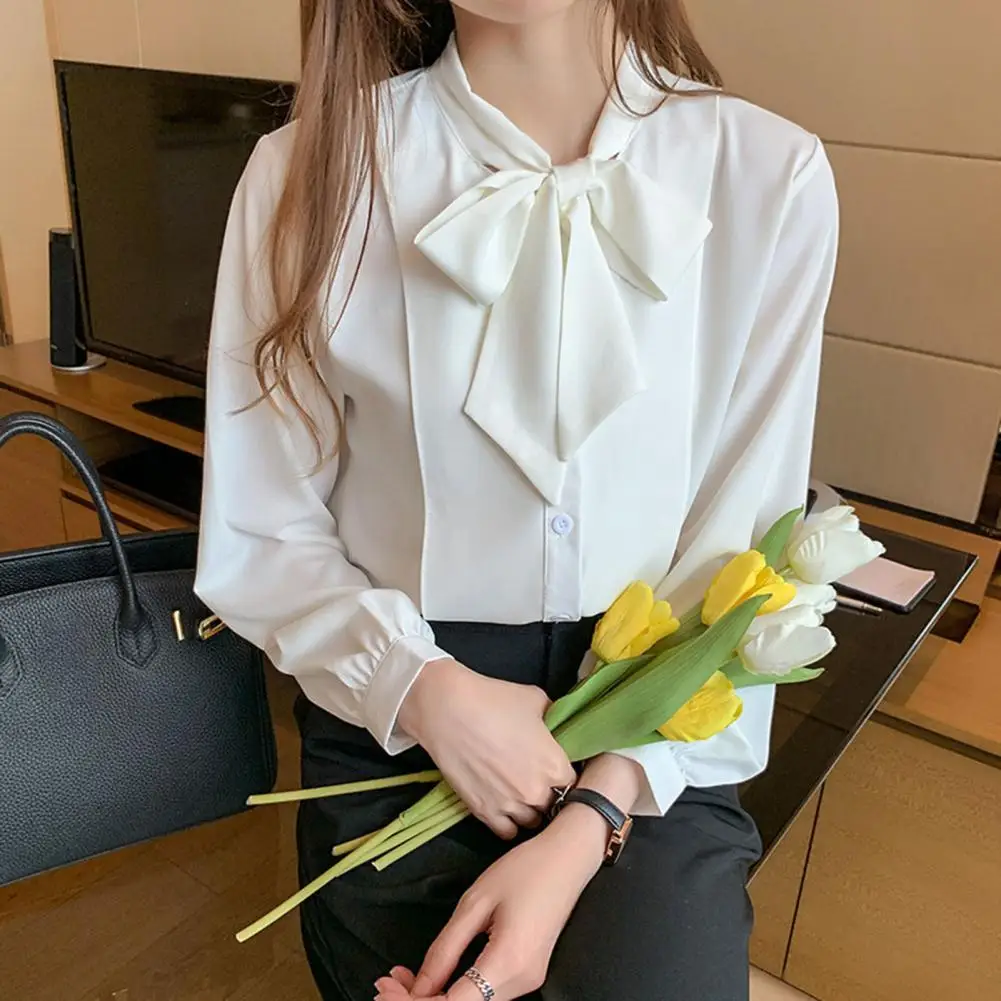 Fashion Bow Collar Long Sleeve Shirts Women Solid Vintage Classic Formal Business Chiffon Workwear Mujer New