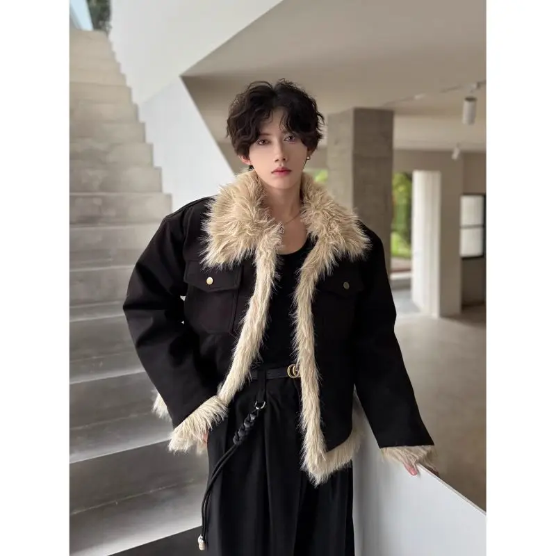 

Мужская куртка с воротником из овечьей шерсти, корейский дизайн, утепленная, с высоким воротником, хлопковая, молодежная, с длинными рукавами