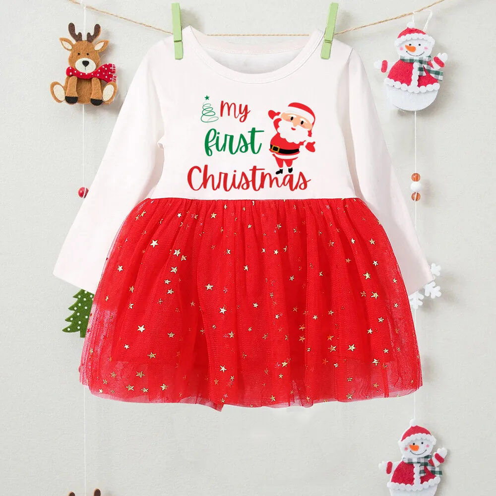 My First Christmas Baby Girls Red Dress Toddler Kids Deer printed Children Tutu Dresses Infant Princess outfit Xmas Party Gifts