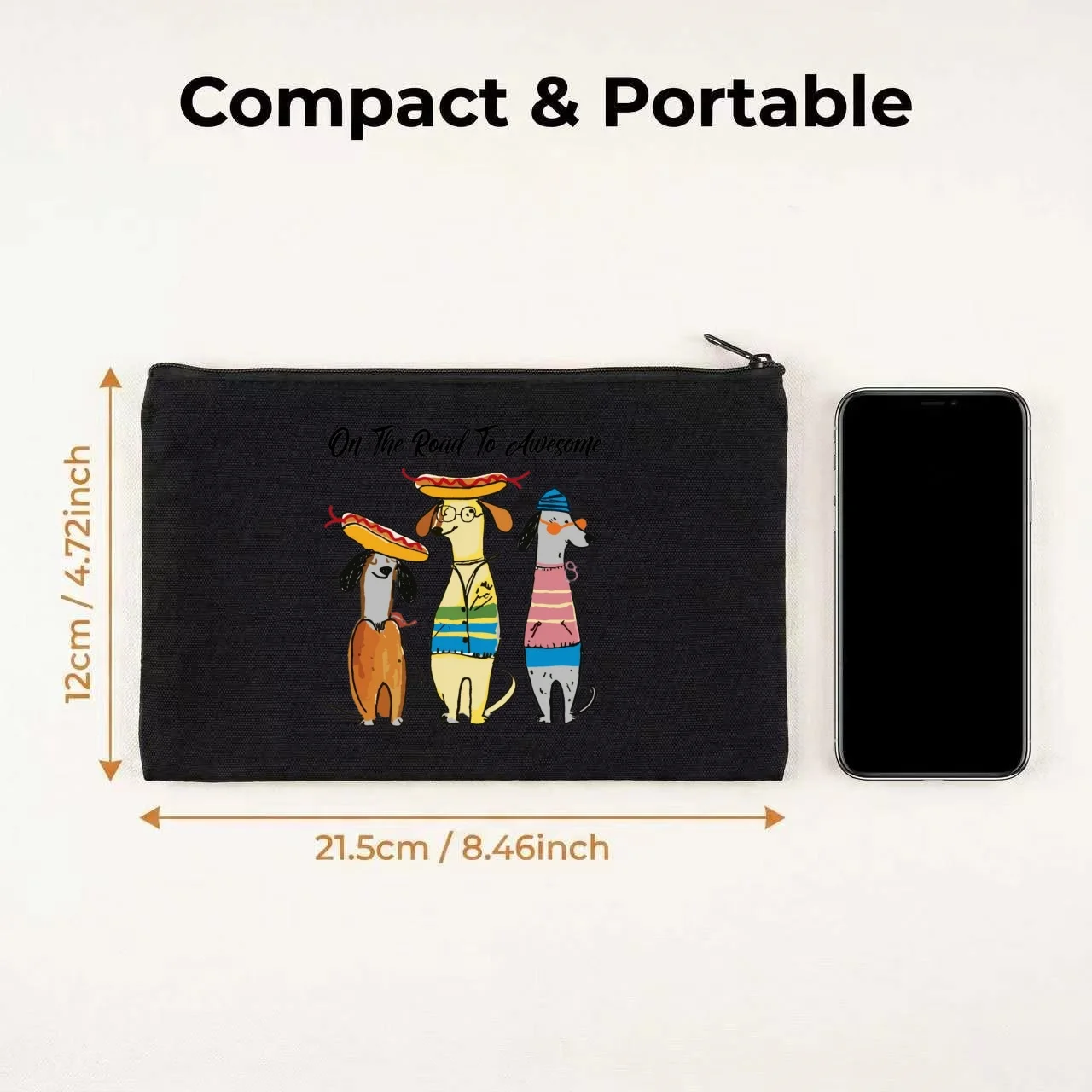 1PC Colorful Striped Sausage Dog Inspirational Quote Print Makeup Bag Double Sided Canvas Daily Storage Organizer