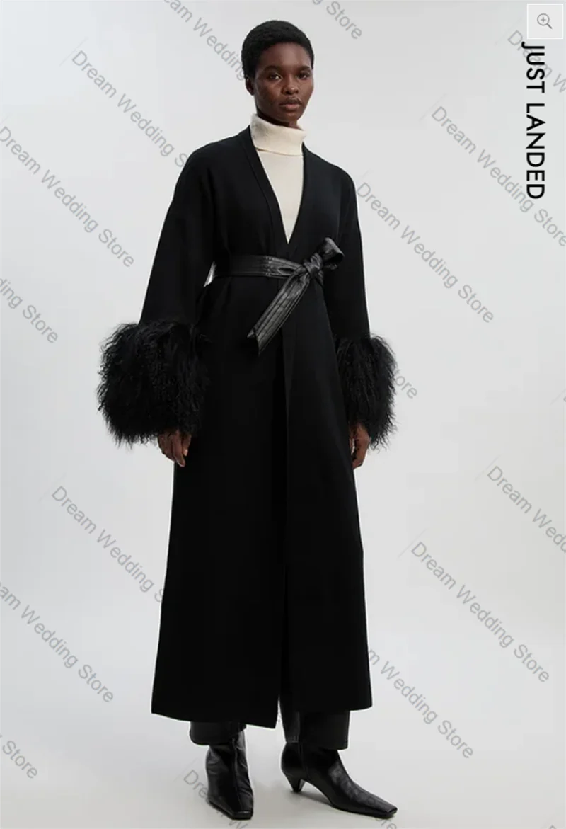 

Feather Cashmere Women Suit 1 Pcs Long Blazer Prom Dress Belted Woolen Formal Office Lady Jacket Winter Customized Wedding Coat