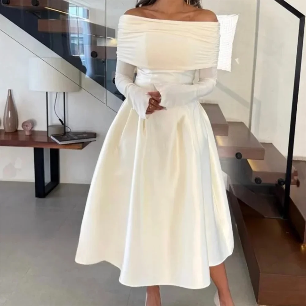 MD Elegant Off Shoulder A-line Evening Dresses Saudi Arabic Long Sleeve LaceTea-Length Prom Gown Customized Party Dress 2025