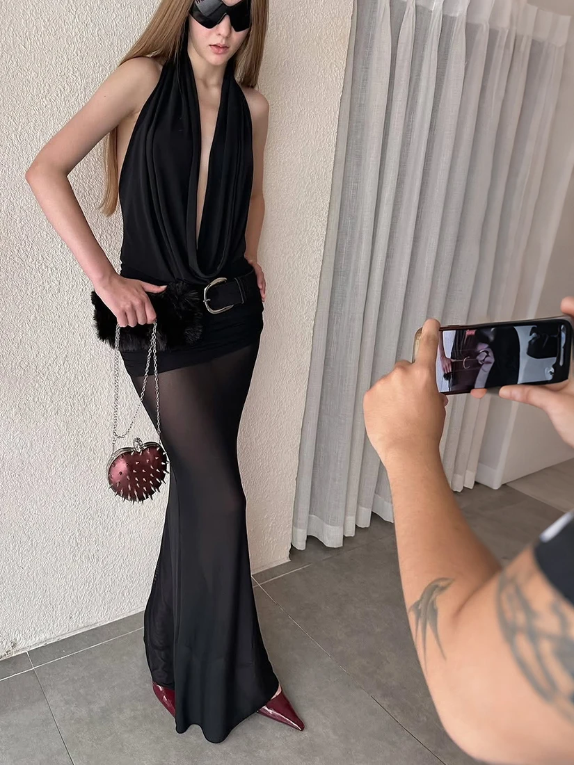 

k Theme Girl's Deep V Ne Hanging Ne Dr with Furry Waist Belt Spicy Fem Sle WEIRD PUSS Polyester Women's Dr