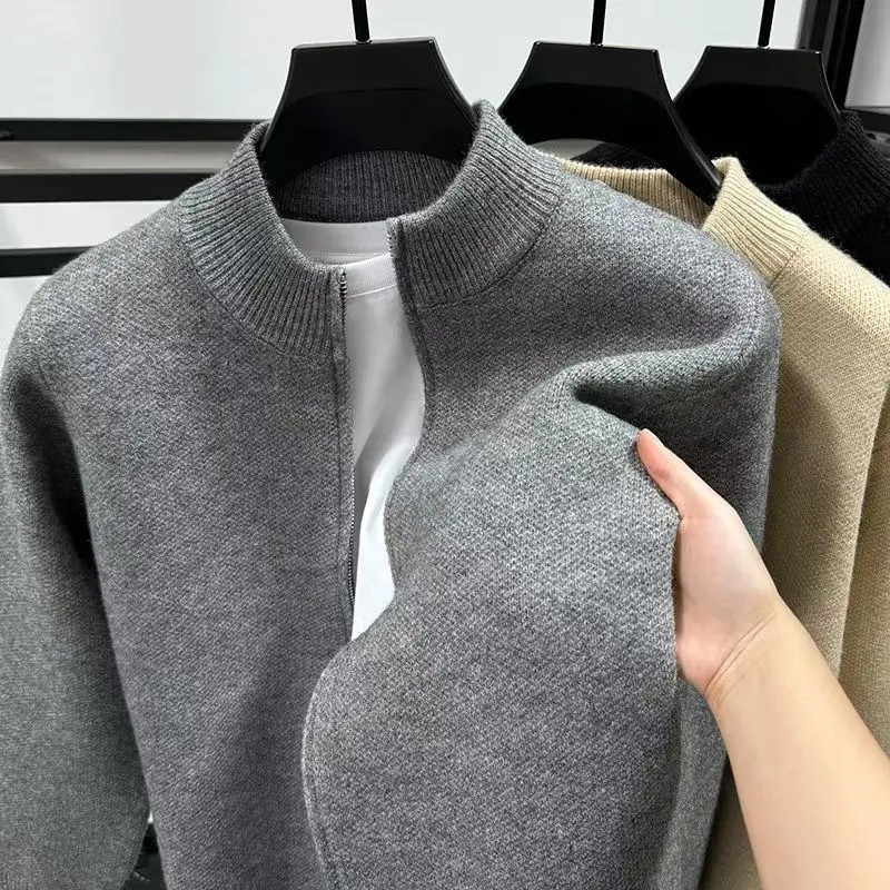 Men's Thickened Solid Color Cardigan Sweater, Winter Warm-Up Vest with Standing Collar and Zipper, Knitwear Outerwear view 2