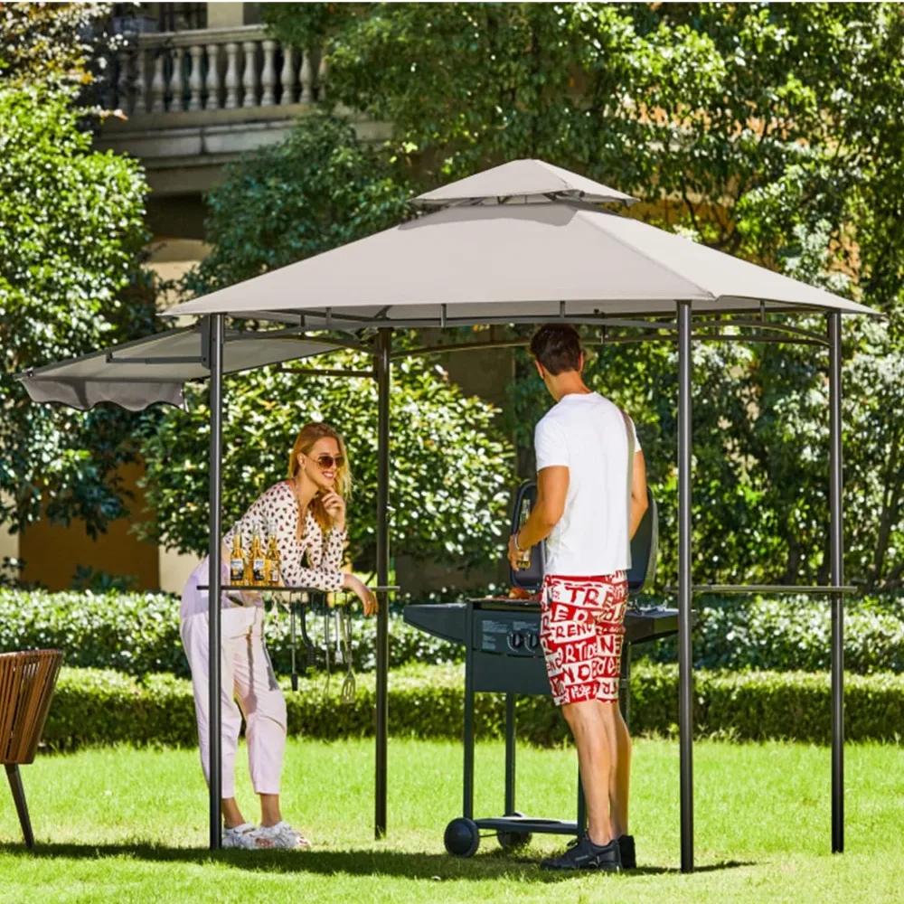 

5x8 Grill Gazebo, Outdoor BBQ Grill Patio Canopy with Extra Shadow & LED Lights, Barbeque Gazebo Canopy (Grey)