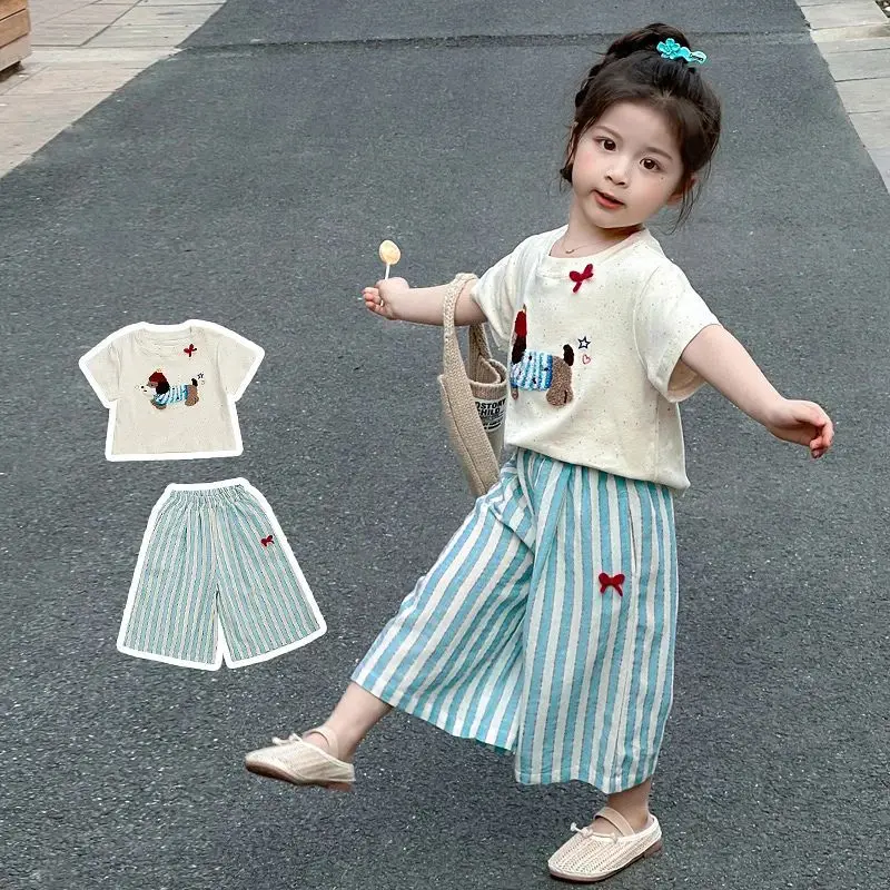 2026 Fashion Girls Baby Summer Clothing Sets Cute DogTops Shirts+stiped Pants,Kids Children Birthday Casual Clothes Conjuntos