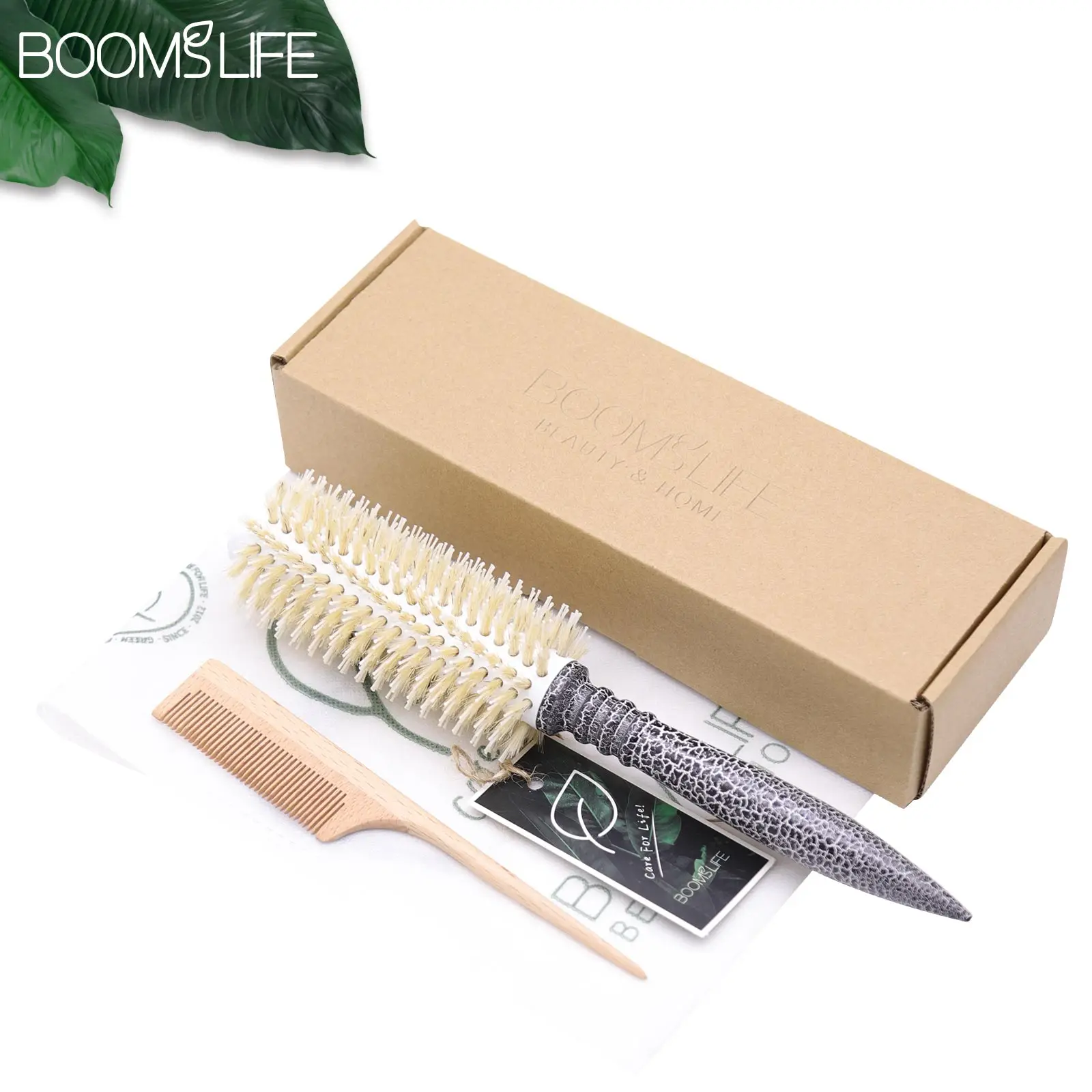 Boar Bristles Hair Brush  Anti Static Curly Hair Comb  Roll Hairbrush Round Barrel Blowing Curling Styling Wood Detangling Combs