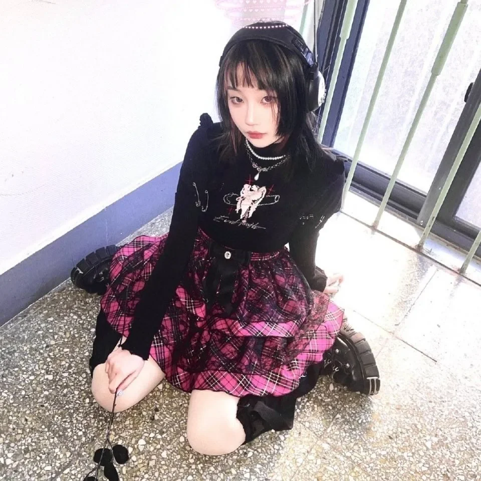 

Mini Skiets 2024 Japanese Lolita Harajuku Style Print Y2k Spice Girl Cake Dress Black Pink Sweet Lace Punk Shag Women Dress