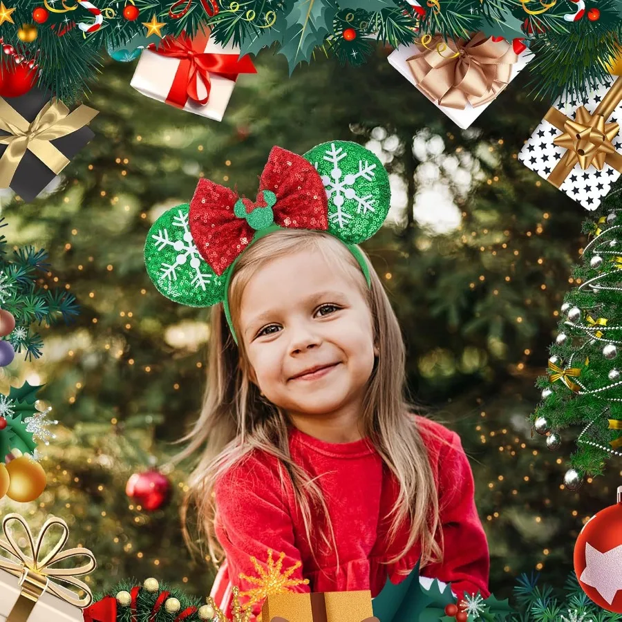 ETLUK 2 قطعة آذان ماوس عيد الميلاد المتألقة للنساء عصابات رأس عيد الميلاد لتزيين الحفلات والنعناع والرطبة