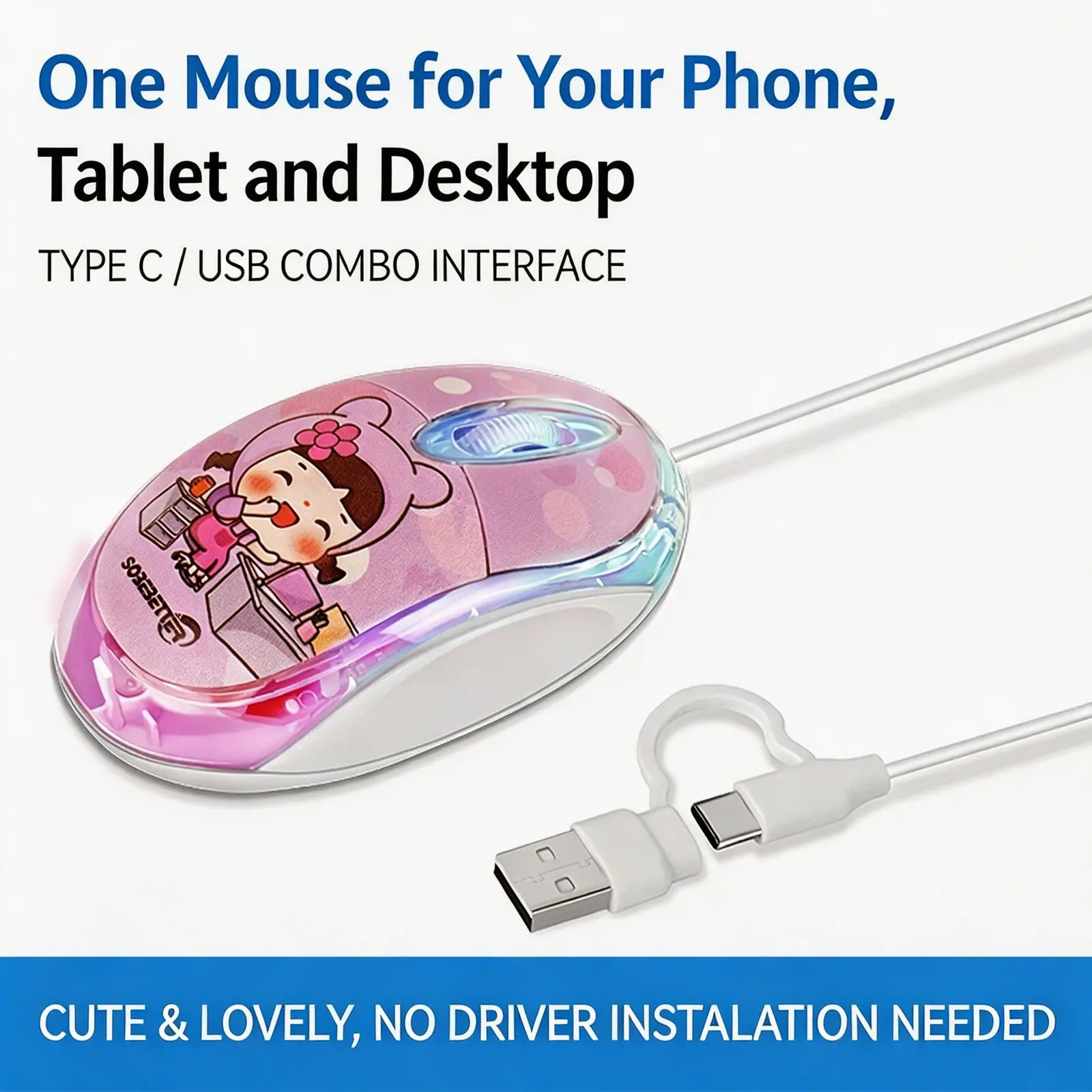 Cute Mini Cartoon Wired Mouse USB Type C Dual Interface 1000DPI 7 Color Breathing LED Light Plug And Play Silent Buttons Mice