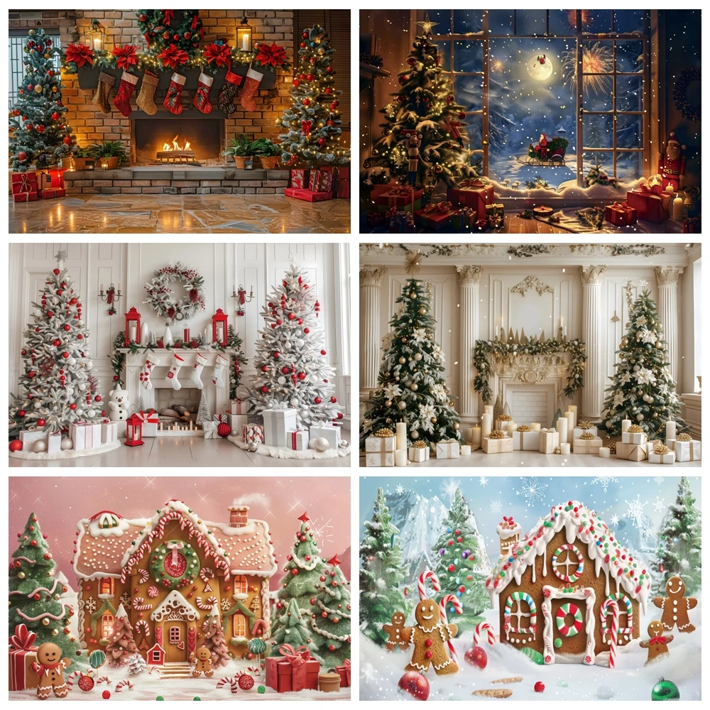 

Christmas Fireplace Photography Backdrops Classical Retro Wall Xmas Trees Baby Kids Portrait Family Party Photo Background Props