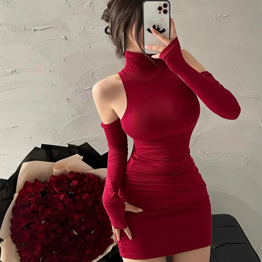 2025 Yaz Yeni Mini Elbiseler Moda Kadın Slim Fit Yüksek Boyun Kırmızı Katı Temel Bodycon Rahat Akşam Parti Kulübü vestidos