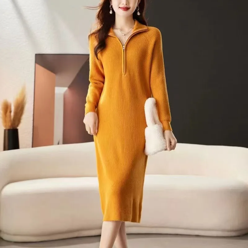 

Cashmere Women's Half-Open Zipper and Lapel Mid-Length over-the-Knee Knitted Sweater Dress Woolen Skirt