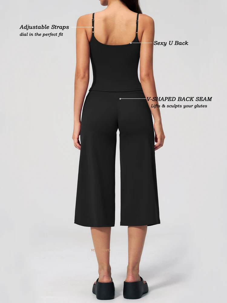 VITALINOVO Workout Sets for Women 2 Piece Backless Built-in Bra Tank Top High Waisted Wide Leg Capris Matching Set Yoga Outfits