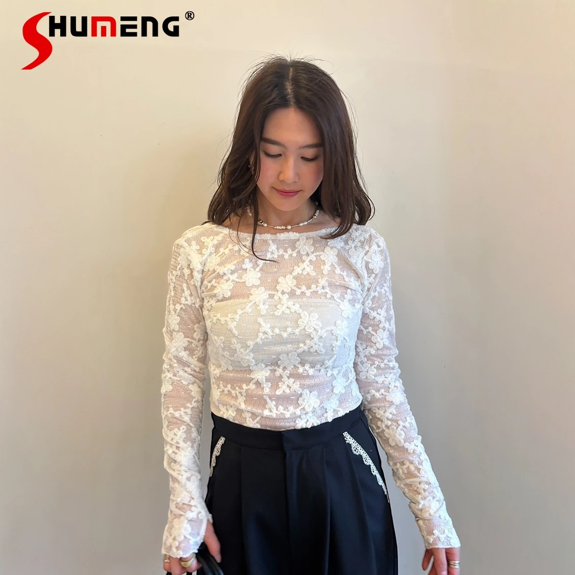 

Японская милая модная жаккардовая футболка с длинными рукавами и 3D цветочным кружевом, осень 2024, женский облегающий пуловер с тонким дном, комбинезон