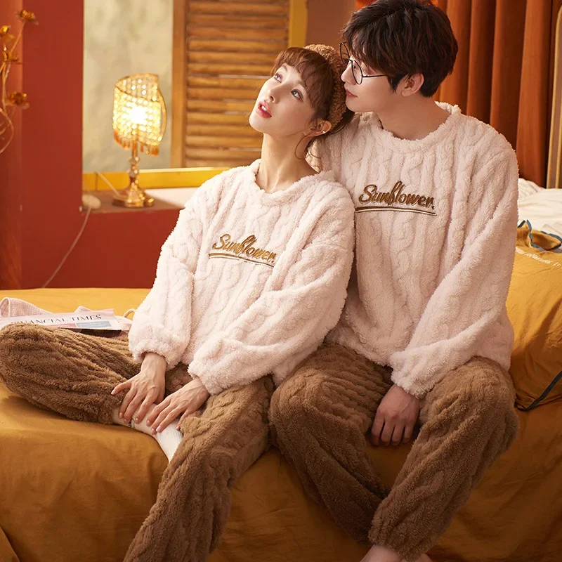 Plaid Winter Warm Fleece Nightwear for Lovers Women and Men Matching Sleepwear Korean Fashion Loungewear Hombre Pijamas Mujer