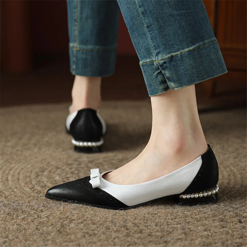 New Spring Split Leather Women Shoes Pointed Toe Women Pumps Shallow Loafers Shoes for Women Mixed Color Low Heel Ladies Shoes