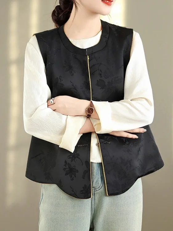 

Ele Новый китайский жилет с воротником на пуговицах, круглый Ne Advanced Feel с цветочной вышивкой, большой размер для женщин...