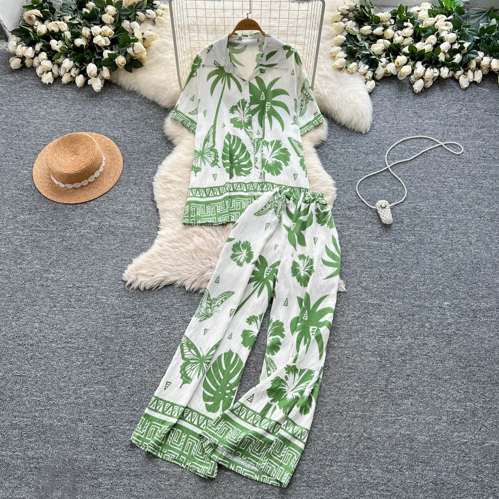 

Women Pant Set Two Piece Sets Print Turn Down Collar Short Sleeve Tops Y2k Streetwear Elegant Wide Leg Long Pants High Waist