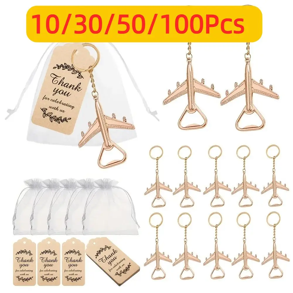 10/30/50/100Sets of Airplane Bottle Opener Keychain Keyring for Wedding Favors Bridal Shower Gifts for Guests Baptism Souvenirs
