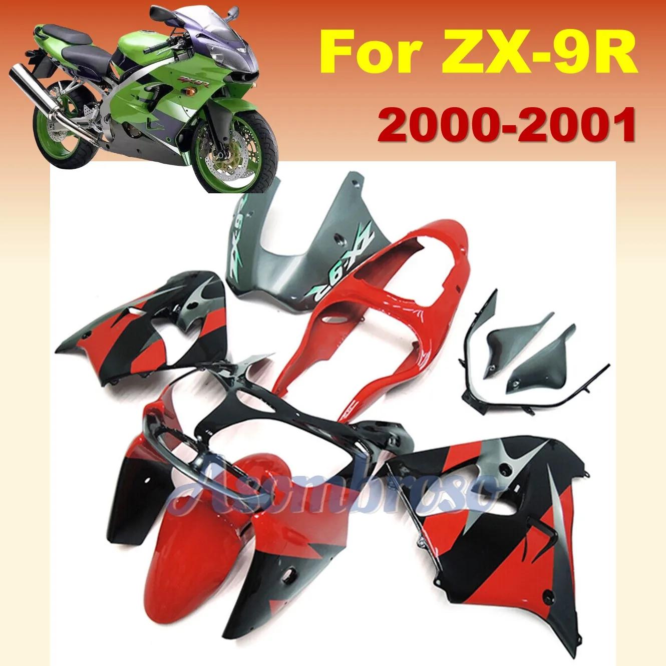 Injection Molding Fairing Kit Bodywork Kit Complete Set for Ninja ZX9R 2000 2001 ZX 9R Red Black Grey body set