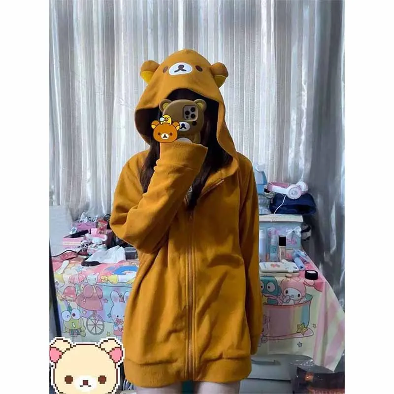 

Y2K Kawaii Rilakkuma, Мягкая Милая Толстовка для женщин, дизайн чувства, универсальное Свободное пальто в стиле бойфренда для осени и зимы, рождественский подарок