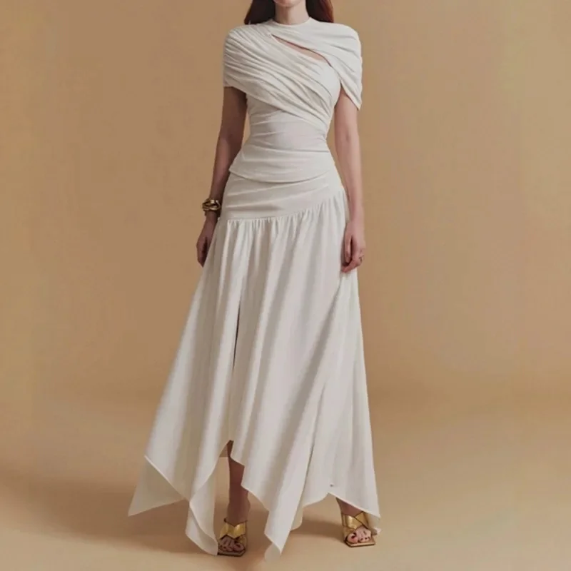 

Bohemia Irregular Midi Dresses Vietnam Vacation Waist-Cinching 2 Pcs Set Fold Sleeveless High Collar Ankle-Length Beach Dresses
