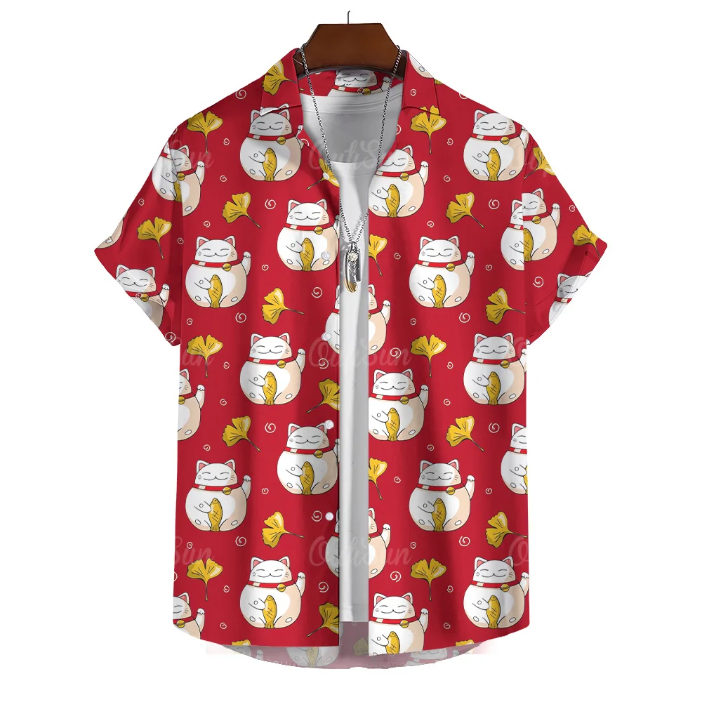 

Мужская свободная рубашка с коротким рукавом и милым принтом кошки, коллекция Весна/Лето 2026, Гавайи