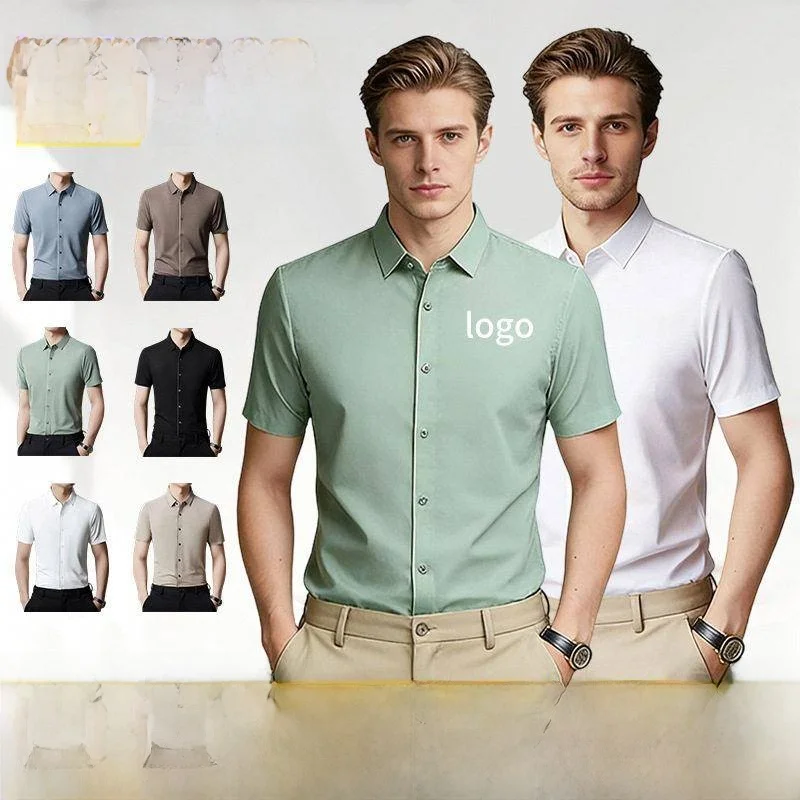 

Casual Business Style Summer Men's Short Sleeve Anti-Wrinkle Collared Open Cardigan T-Shirt Skin-Friendly Quick-Drying Shirt Top