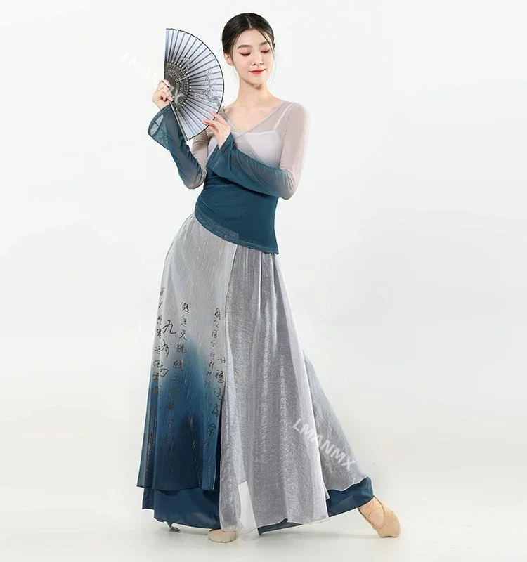 Traje de Dança Clássica para Mulheres, Sarong Gradiente, Saia e Calça Perna Larga, Roupas De Prática, Roupas De Performance De Palco