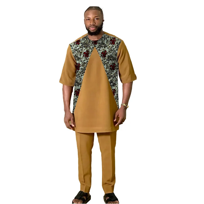

Retro Style Men Set Half Sleeve Shirts Patch Trousers Original Design Male Pant Suits Traditional African Wedding Wear