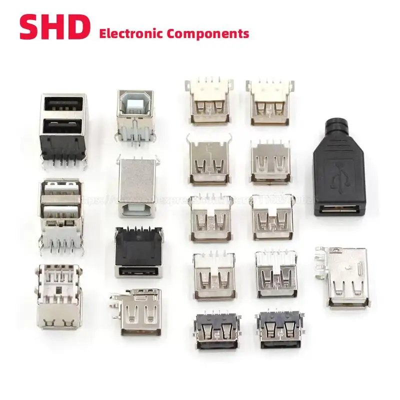 20Pcs USB Type A Standard Port Male Female Solder Jacks Connector PCB Socket SMT DIP 90/180 degrees Double USB2.0 USB-A DIY kit