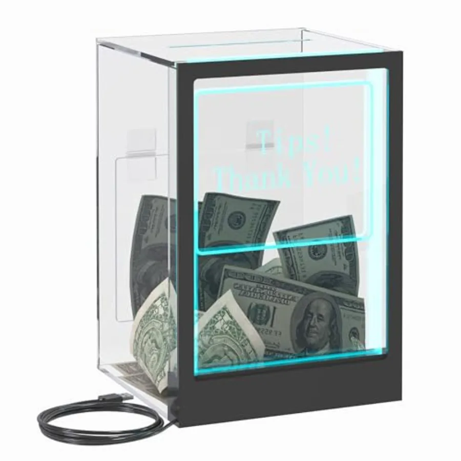 

Tip Jar with Lock and LED Lighting Clear Acrylic Donation Box with Dual Sign Holders Light Up Collection Jar for Bartenders Vot