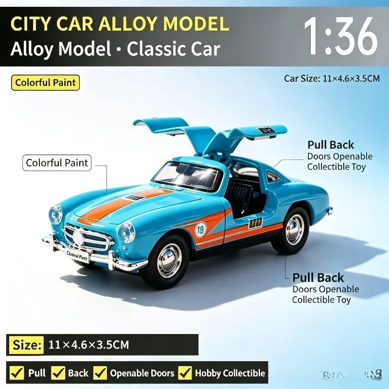 Alloy Car Model 1:36 Scale Classic Vintage Vehicle, Diecast Pull-Back Replica With Gull Wing Doors, Fine Retro Details, Desktop