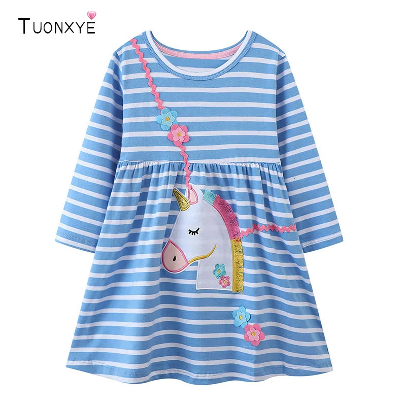 TUONXYE Cotton Girls Striped Dress Cute Unicorn Floral Embroidery Long Sleeve Daily Casual Children Princess Dresses