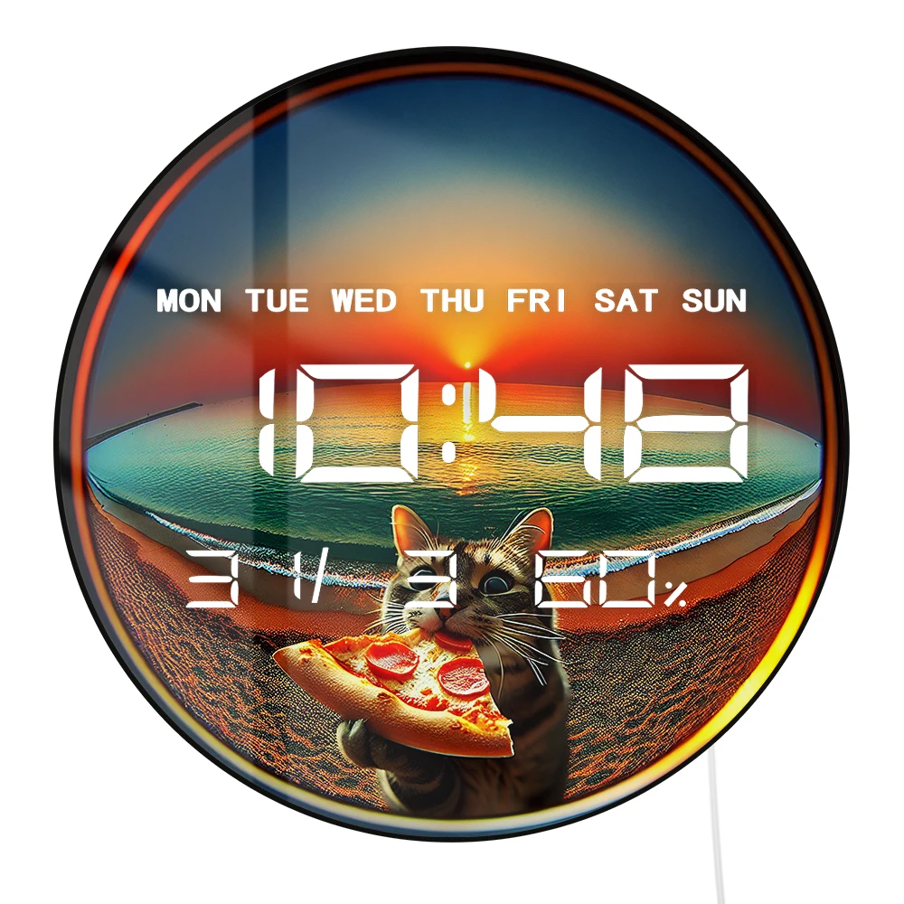 

Электронные настенные часы с кошачьей едой, пиццей и температурой, влажностью, календарем и датой, большой дисплей, светодиодные цифровые настенные часы с автоматическим затемнением