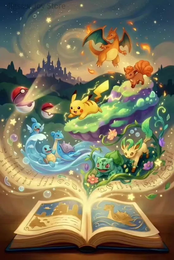 Adorable Pokemon Pikachu Stained Glass Window Art Jigsaw Puzzle Floral Vintage Style Framed Print Toy Collector Edition