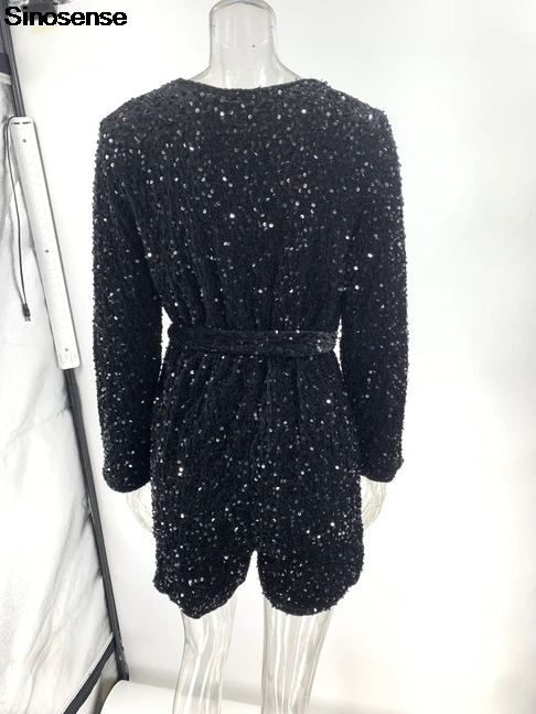 Women's Sequin Jumpsuit Sexy Wrap V Neck Long Sleeve Straight Short Pants Rompers One Piece Sparkly Night Out Club Party Outfits