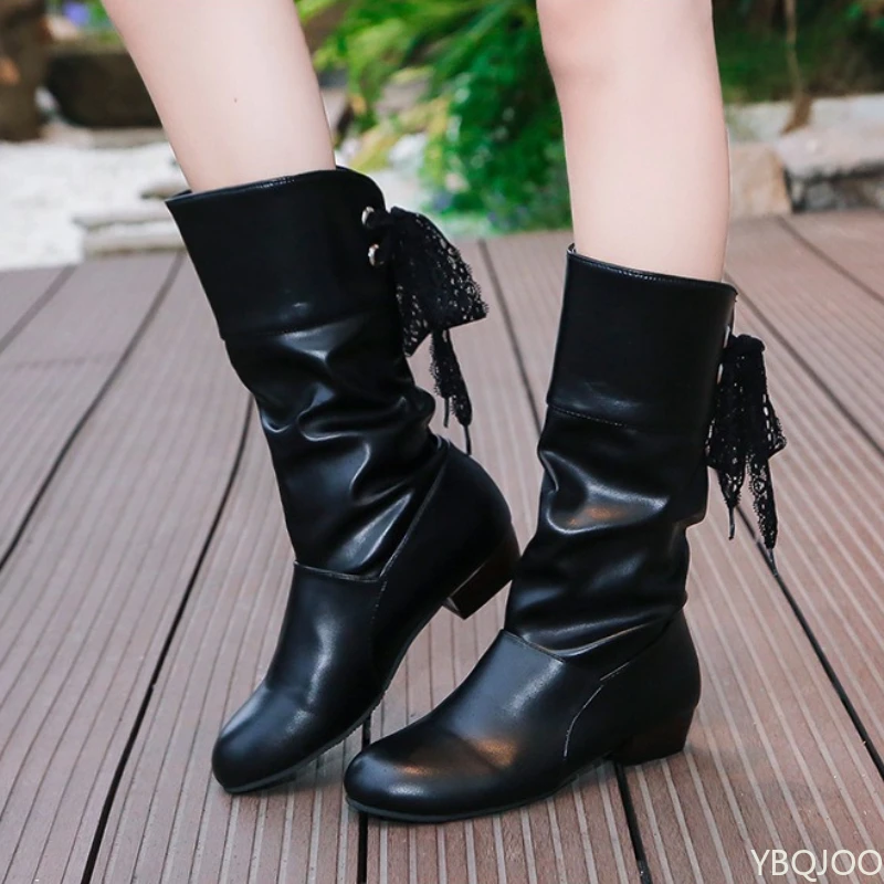 Autumn winter low heel round toe back lace up warm midsole boots for women anti slip warm simple comfortable women's shoes