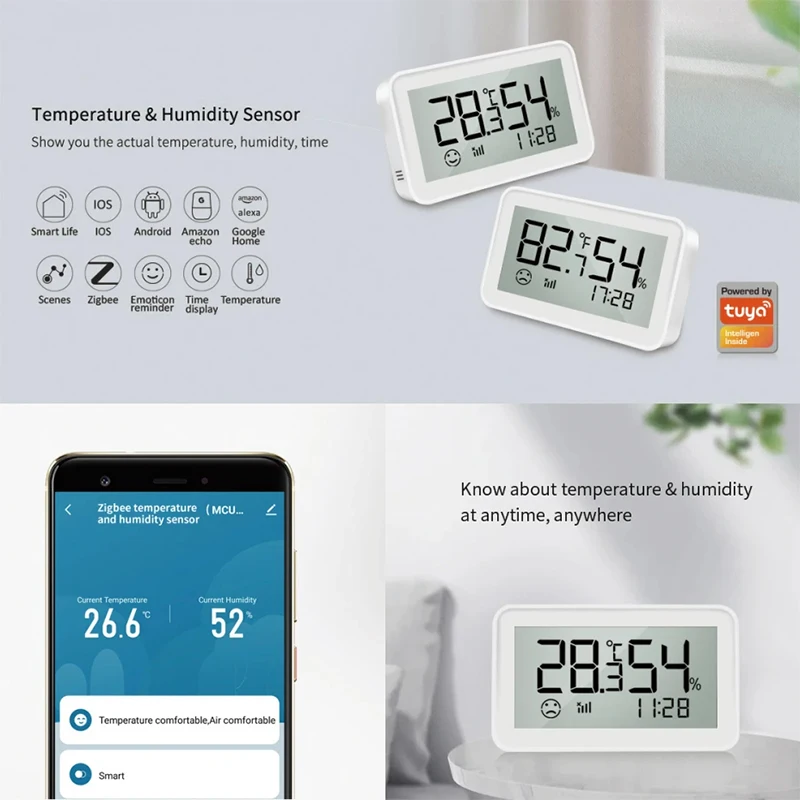 Tuya Smart Desktop Temperature Humidity Sensor With LCD Screen, App Remote Monitoring Smart Home Integra,Work With Alexa/Google