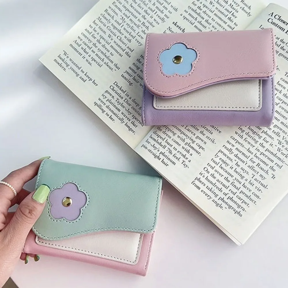 Fashion Flower Short Folding Card Bag PU Color Contrast Color-matching Purse Cartoon Soft Folding Wallet Girl