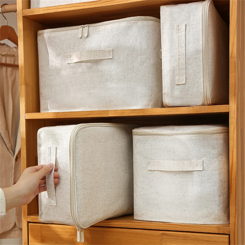 Foldable Storage Bins With Zipper Lid Storage Boxes With Handles PP Plastic Board  Lidded Cotton Linen Fabric Home Cubes Baskets