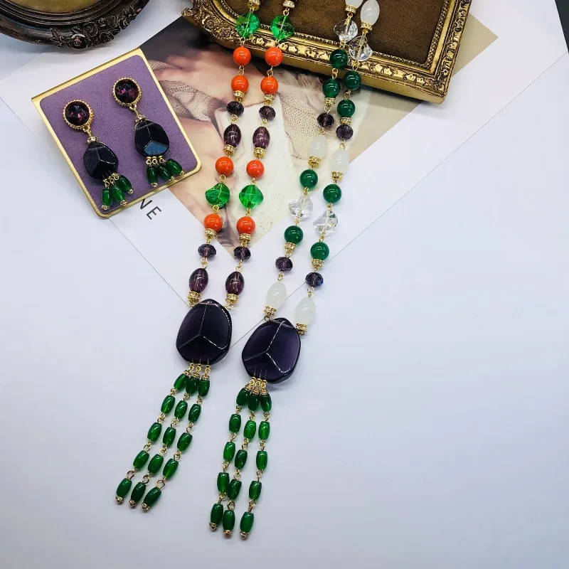 

Qingdao Medieval Handmade Glazed Necklace Design Sense Beaded Fashion Medium and Long Pendant Stud Earrings Set