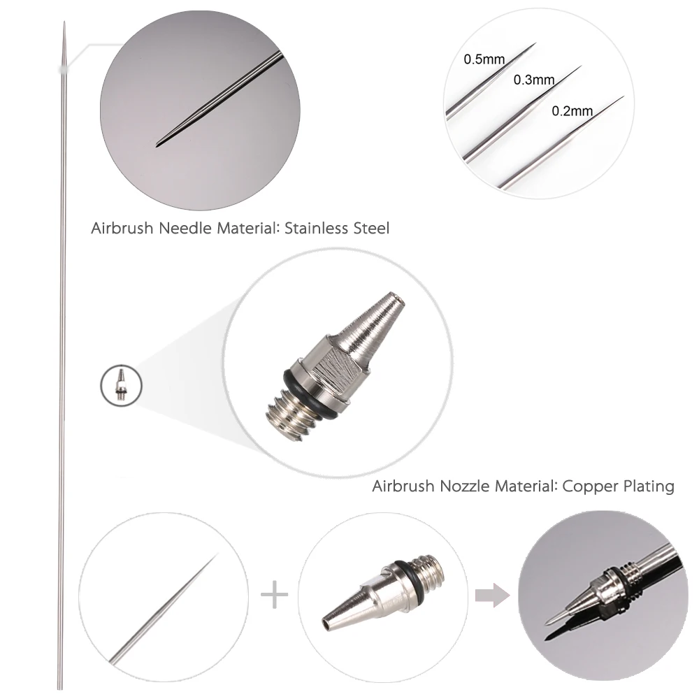 Nasedal NT-180T Dual-Action Airbrush 0.2/0.3/0.5mm Nozzle Needle 9cc Gravity Feed Spray Gun Set for Model Cake Nail Art Car