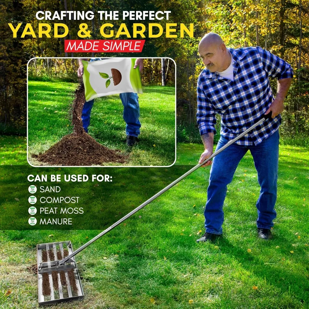 أداة تسوية العشب شديدة التحمل من الفولاذ المقاوم للصدأ 304 - أقصى قوة 76 بوصة عمود طويل جدًا - مشط تسوية الفناء لصياغة المروج الخالية من العيوب